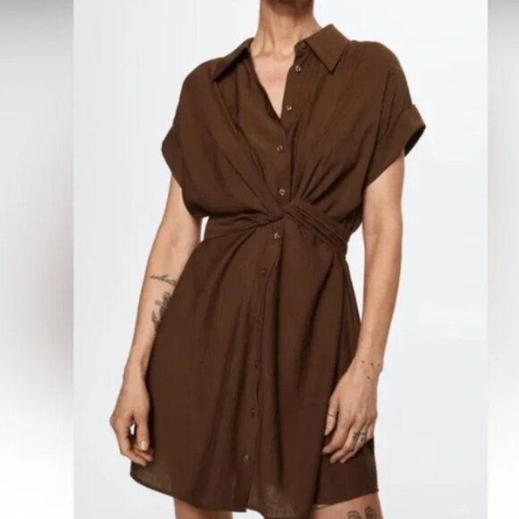 MNG Mango - Chocolate Bow Tie Shirt Dress - Size 10 - Picture 1 of 8